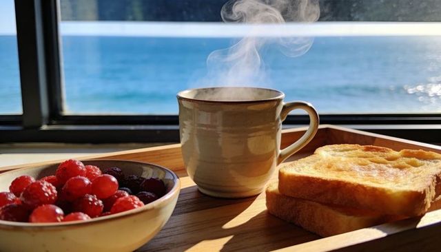 Morning coffee steaming on tray with toast and fresh berries, sunlit ocean window