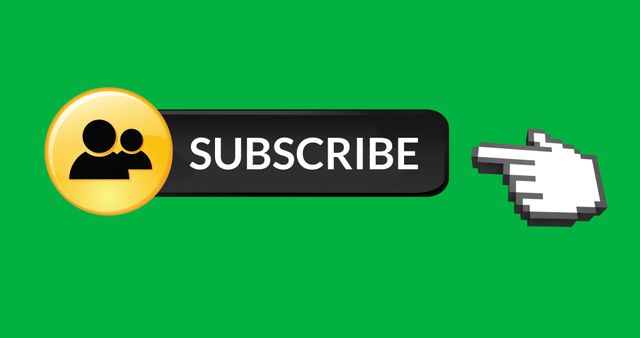 Illustration of pixelized finger pointing towards a subscribe button with profile icons on a vibrant green background. Represents social media engagement and online subscriptions. Useful for websites, blog posts, social media graphics, or marketing materials aiming to increase user