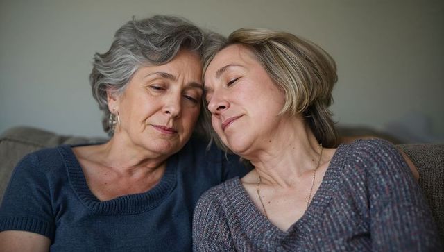 Two women leaning heads together on couch showing tender bond, comfort, support