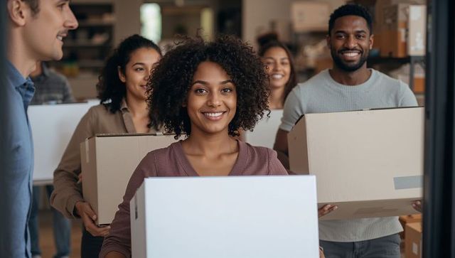 Smiling team leader carrying box, leading diverse coworkers in warehouse packing