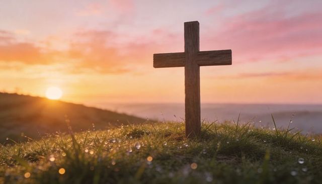 Weathered wooden cross on coastal clifftop at sunrise with dew-kissed grass and mist