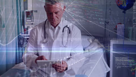 Doctor Analyzing Data on Tablet in Modern Healthcare Setting