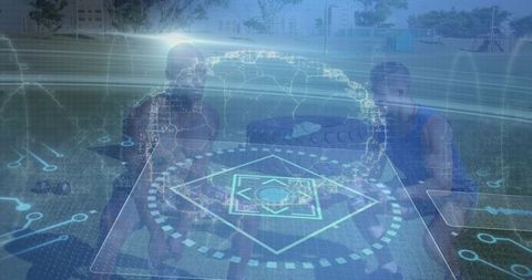 Diverse Athletes Training with Digital Interface Overlay