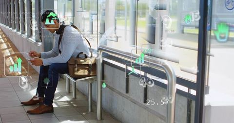 Commuter wearing ar headset checking smartphone on transit platform with data overlays