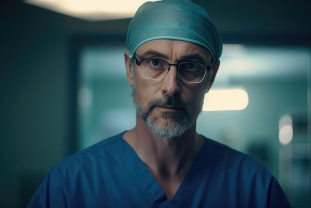Thoughtful caucasian male surgeon with glasses, created using generative ai technology. Medicine, healthcare, digitally generated image.