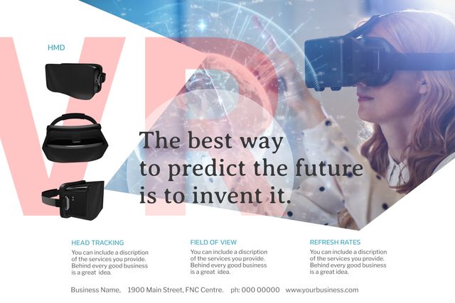 Versatile template highlighting promotional poster for VR headsets aimed at tech startups and modern education. Visually appealing layout showcases latest virtual reality technology and its applications, positioned to attract startups and educational institutions looking to integrate cutting-edge tech. Perfect for marketing campaigns, digital marketing materials, educational conferences, trade shows, and brand promotional collateral.