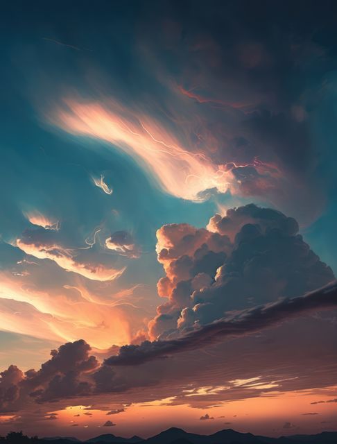Dramatic clouds illuminated by sunset colors in evening sky with lightning in background. Great for weather-related content, nature scenic promotions, atmospheric visuals, wallpapers, or inspirational themes.