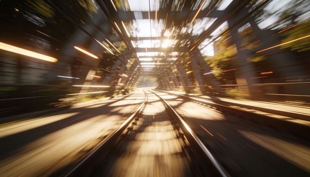 Racing train tracks through sunlit metal trestle with motion blur golden hour glow