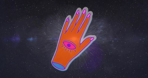 Surreal cosmic glove with mystical eye on galactic background