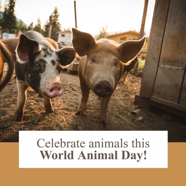 This image features two cheerful pigs standing on a rustic farm, an ideal visual to use for promoting World Animal Day. Perfect for content on animal awareness, agricultural campaigns, animal welfare blogs, and countryside lifestyle promotions. It emphasizes love and appreciation for animals in rural settings.