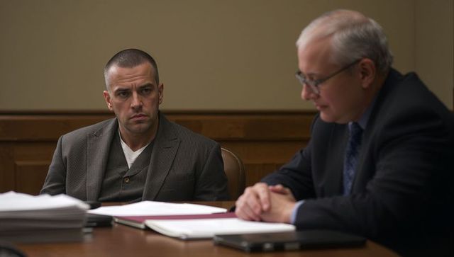Serious client and lawyer listening during courtroom hearing with documents and folders
