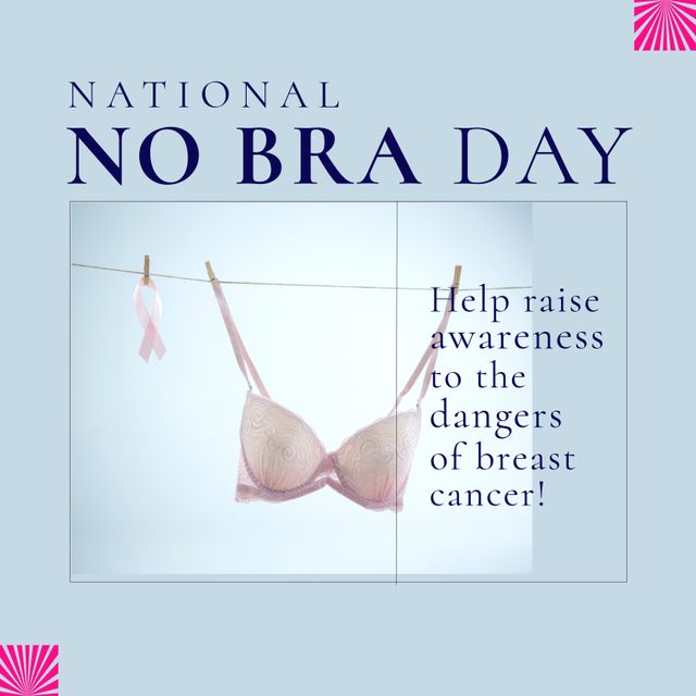 Image of no bra day on pink background and photo of light pink bra and ribbon. No bra day, health and celebration concept.