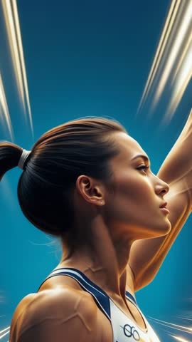 Vertical video woman performing overhead lift and holding pose with dynamic light streaks