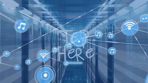 Digital Network in Futuristic Server Room with Media Icons