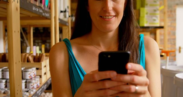 Woman Smiling While Using Smartphone in Store - Download Free Stock Images Pikwizard.com