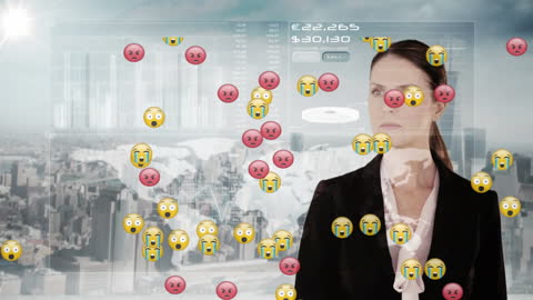Businesswoman Amidst Digital Data Interface with Communication Emojis