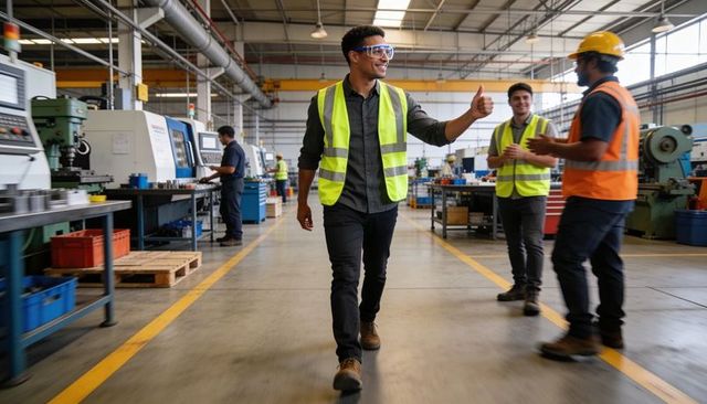 Industrial team wearing hi-vis walking through modern factory while giving thumbs up
