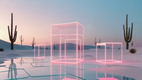 Neon Wireframe Cubes in Desert at Sunset