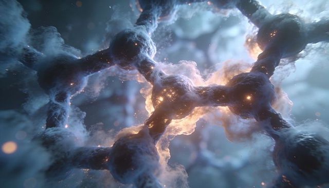 Glowing molecular lattice with nebula filaments and translucent spheres in misty void