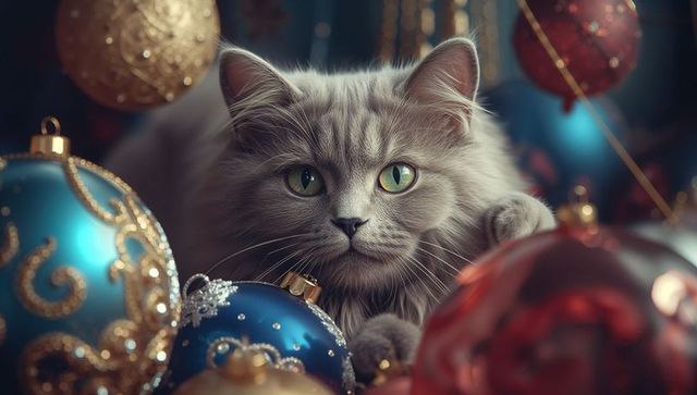 Festive Fluffy Grey Cat Among Elegant Holiday Ornaments