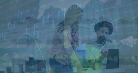 Diverse Team Collaborating with Financial Graphs, Analysis and Strategy Focus