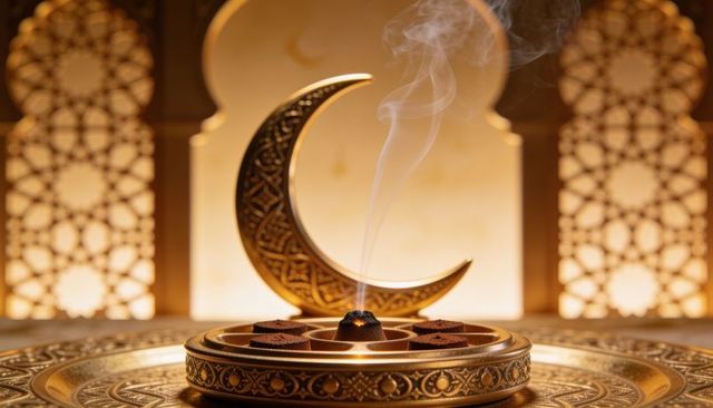 Brass crescent incense burner glowing with smoldering charcoal and arabesque mashrabiya