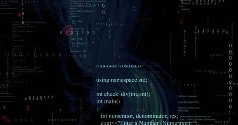 Futuristic Data Vortex with C++ Code and Binary Digits