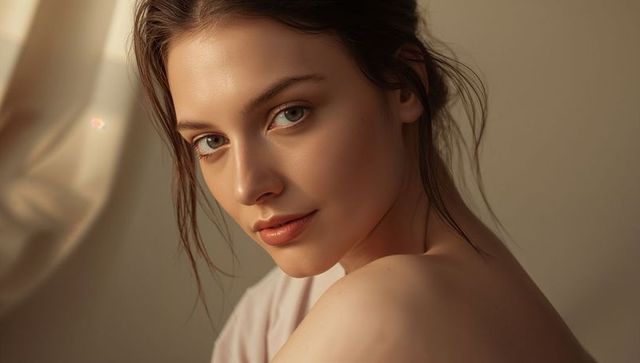 Gazing over shoulder: soft natural-light closeup of young woman with sheer curtain