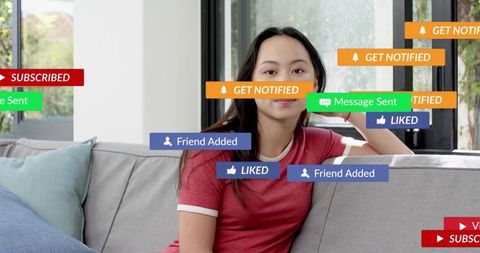 Sitting woman on sofa surrounded by social media notification badges and engagement icons