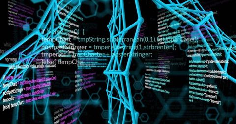 Neon cyan lattice scaffold with floating code panels, futuristic digital data network 3D