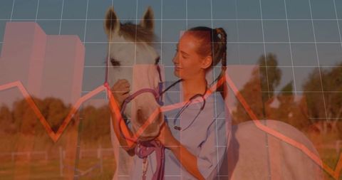 Veterinarian Caring for Horse in Pasture Overlayed with Stock Market Graph