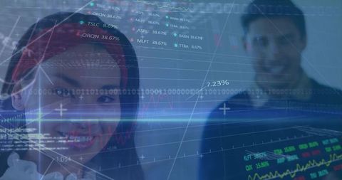 Businesswoman Analyzing Financial Data Overlay on Digital Screen