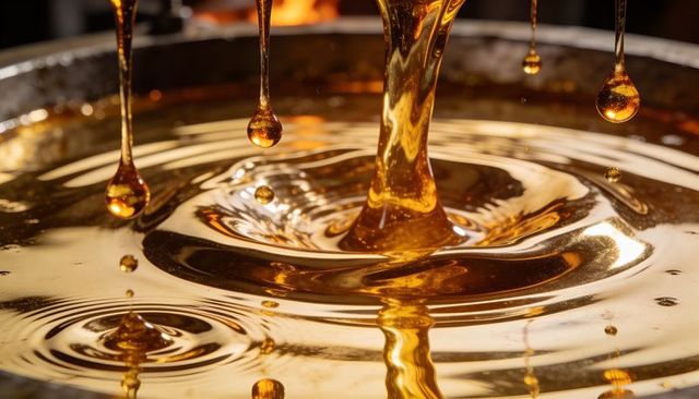 Pouring golden honey droplets creating liquid ripples macro close-up luxury food texture