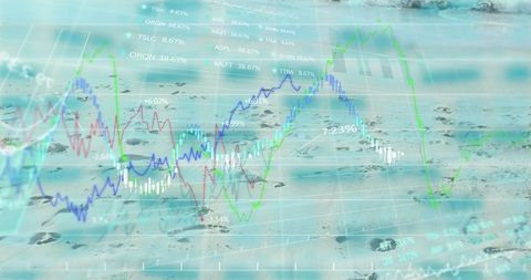 Data visualization on sandy beach with colorful graphs and footprints