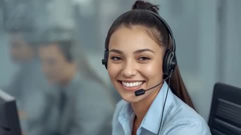 Female call center agent smiling while speaking into headset during live support call