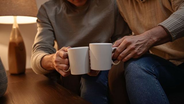 Couple holding white mugs on sofa, cozy evening with warm lamp glow and knit sweaters