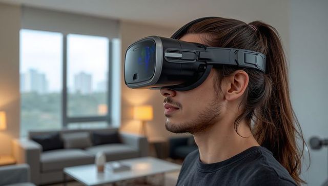 Young Man Exploring Virtual Reality at Home Wearing Wireless VR Headset in Modern Apartment