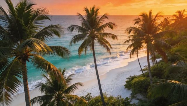 Sunset casting golden glow over turquoise sea and white sand with leaning coconut palms