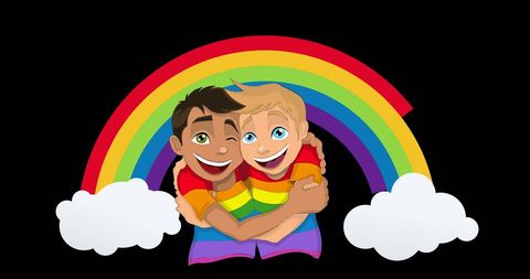 Happy cartoon couple hugging with rainbow celebration