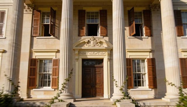 Featuring wooden double door and fluted columns on neoclassical facade with climbing vines