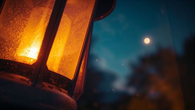 Glowing Lantern at Dusk with Sparkling Glass