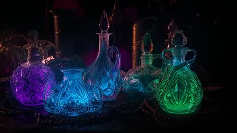 Mystical Alchemy Lab with Glowing Potion Decanters