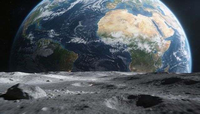 Earth rising over lunar horizon, giant blue-green planet dominating cratered foreground