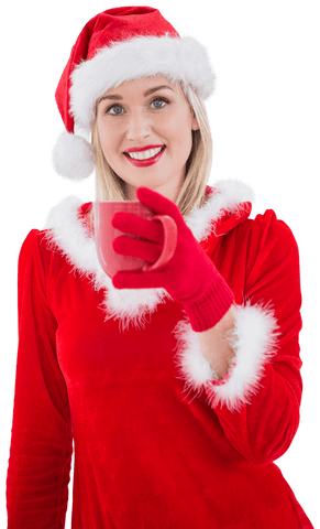 Festive Blonde in Santa Costume Holding Red Mug with Transparent Background