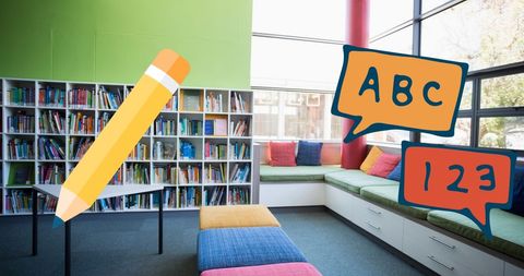 Modern Creative Library Interior with Educational Icons - Download Free Stock Images Pikwizard.com