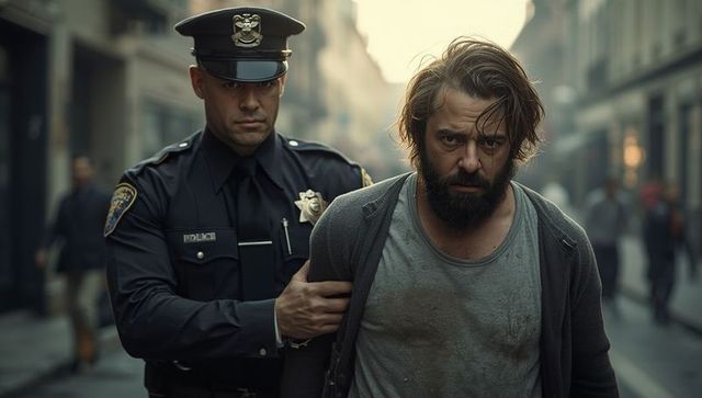 Police officer arresting man on crowded city street