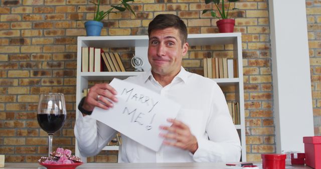 Person holding a handwritten 'Marry Me!' sign while smiling at the camera. He is sitting at a table with a glass of red wine and a few chocolates. Bookshelf with books and plants in background. Suitable for use in romantic, wedding, engagement, and humorous contexts.