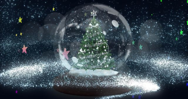 Christmas Tree in Festive Snow Globe with Colorful Stars - Download Free Stock Images Pikwizard.com