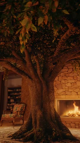 Vertical video revealing indoor tree trunk with glowing stone fireplace evoking cozy rustic warmth