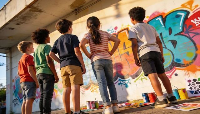 Kids creating colorful graffiti mural at sunny underpass outdoor street art